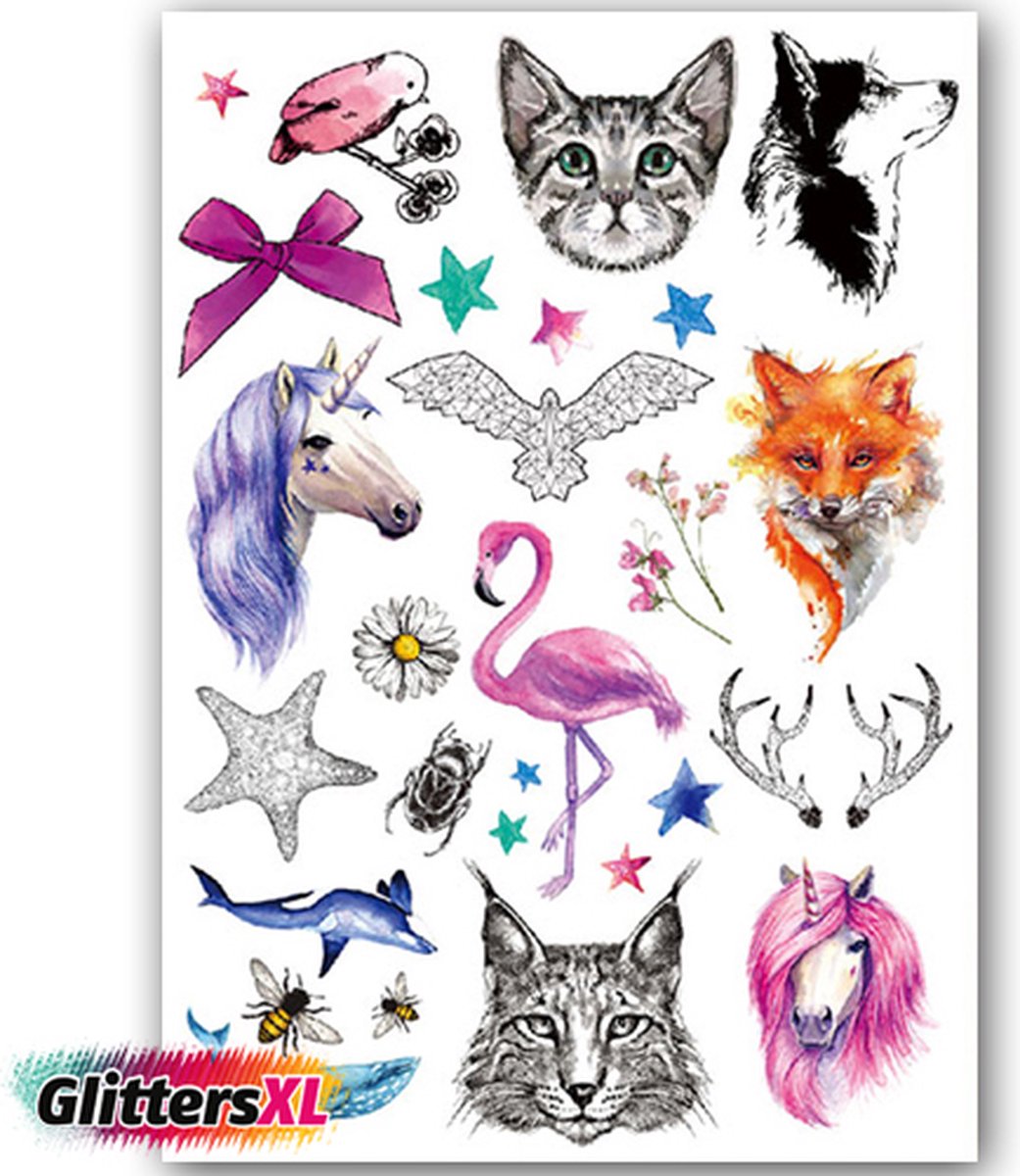 GlittersXL - Temporary Tattoo Dieren (A5 formaat) [Neptattoo - Tijdelijke tatoeage - Nep Fake Tattoos - Water overdraagbare festival sticker henna outfit tattoo - Glitter tattoo - Volwassenen Kinderen Jongen Meisje]